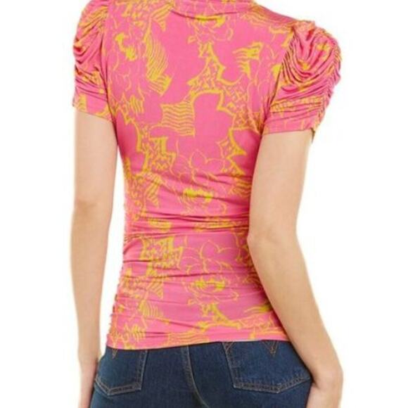 TANYA TAYLOR Chaia Floral Ruched Stretchy Top Pink Yellow Ikat Flower Size 0X - Picture 2 of 9